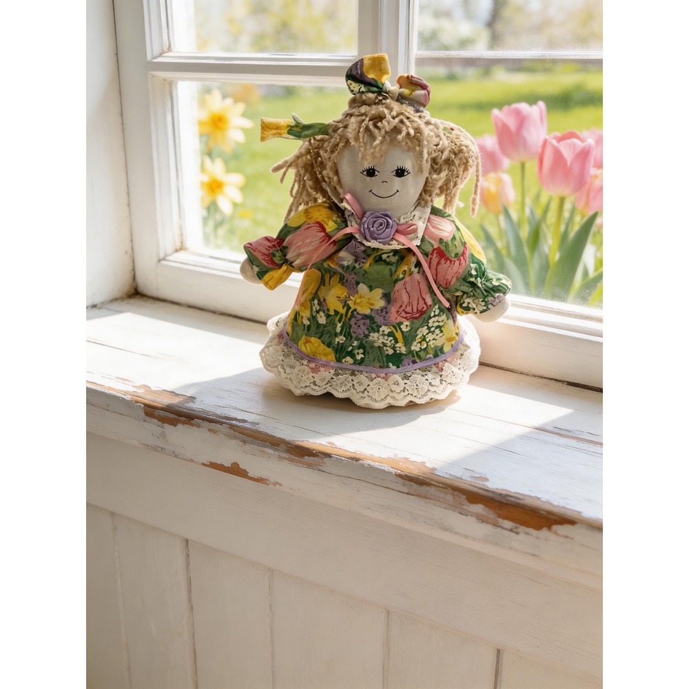 Main‎ Joy Limited Vintage Floral Rag Doll Lace Trim Yarn Hair Weighted 8.5 Inch